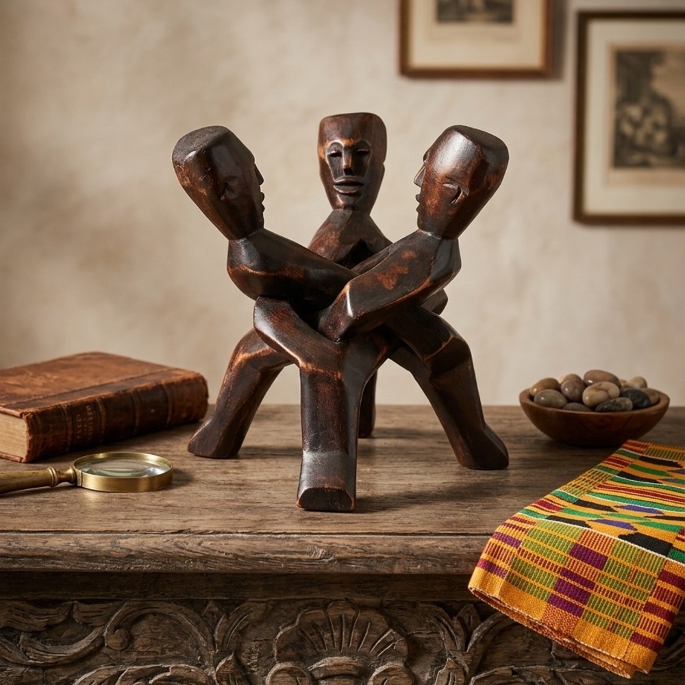 African Unity Circle Statue Hand Carved Wood Interlocking Figures-10”, Vintage